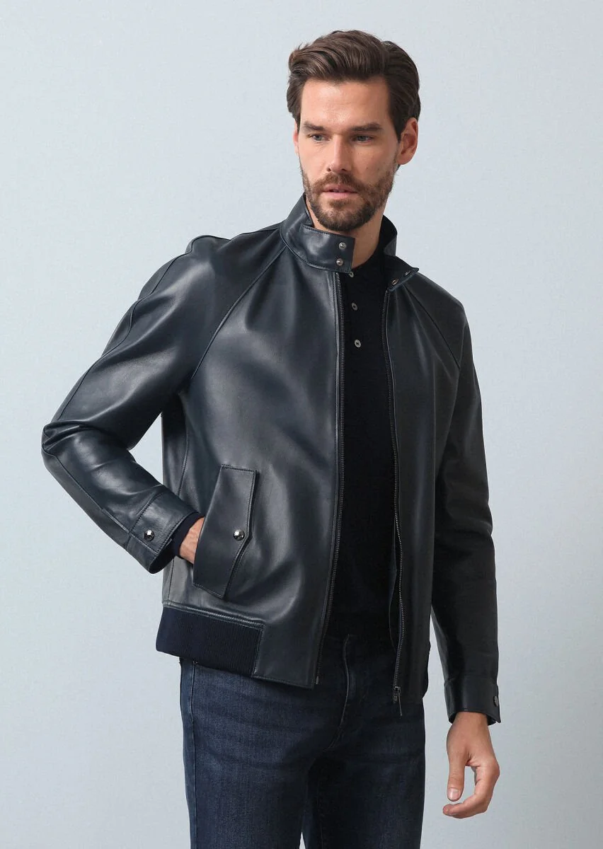 Navy Blue Leather Leather Coat - 3