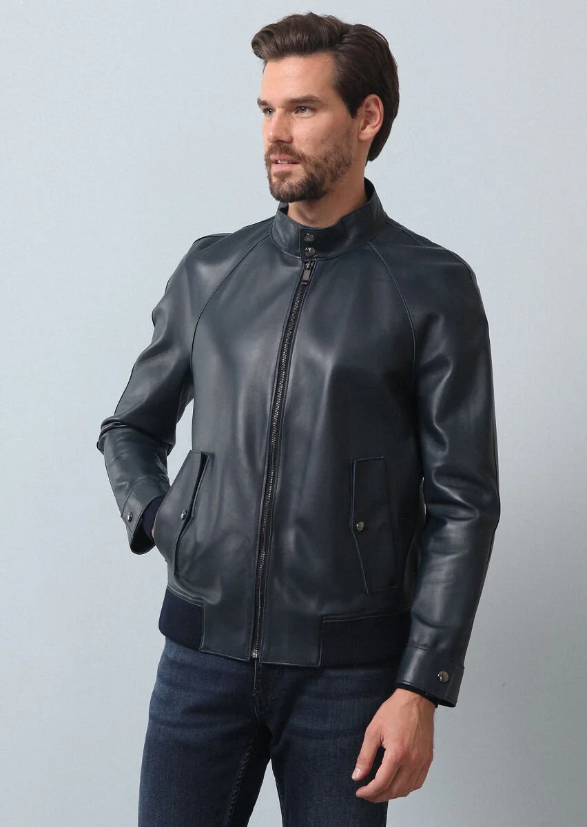 Navy Blue Leather Leather Coat - 4