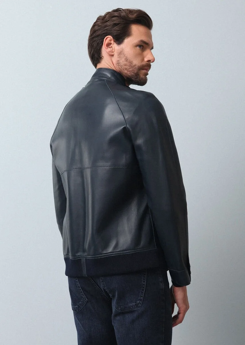 Navy Blue Leather Leather Coat - 5