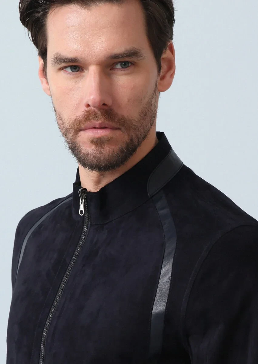 Navy Blue Leather Leather Coat - 1