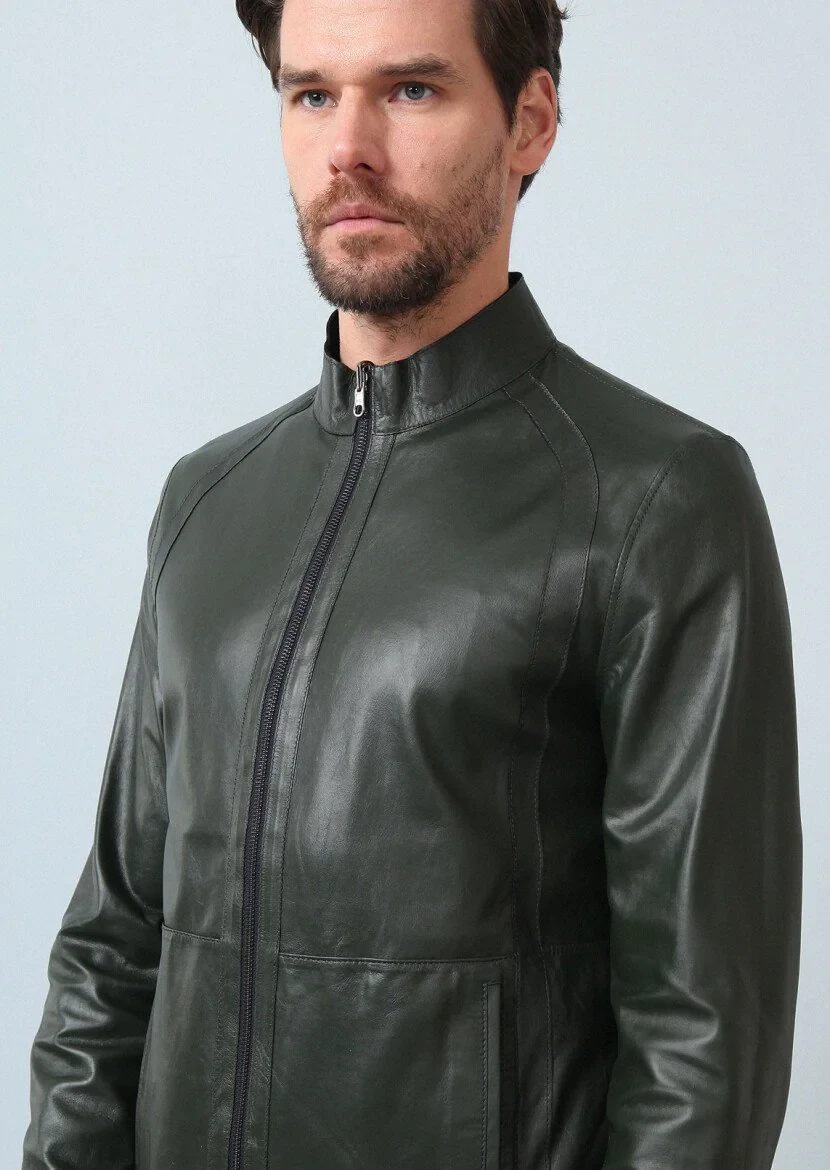 Navy Blue Leather Leather Coat - 2