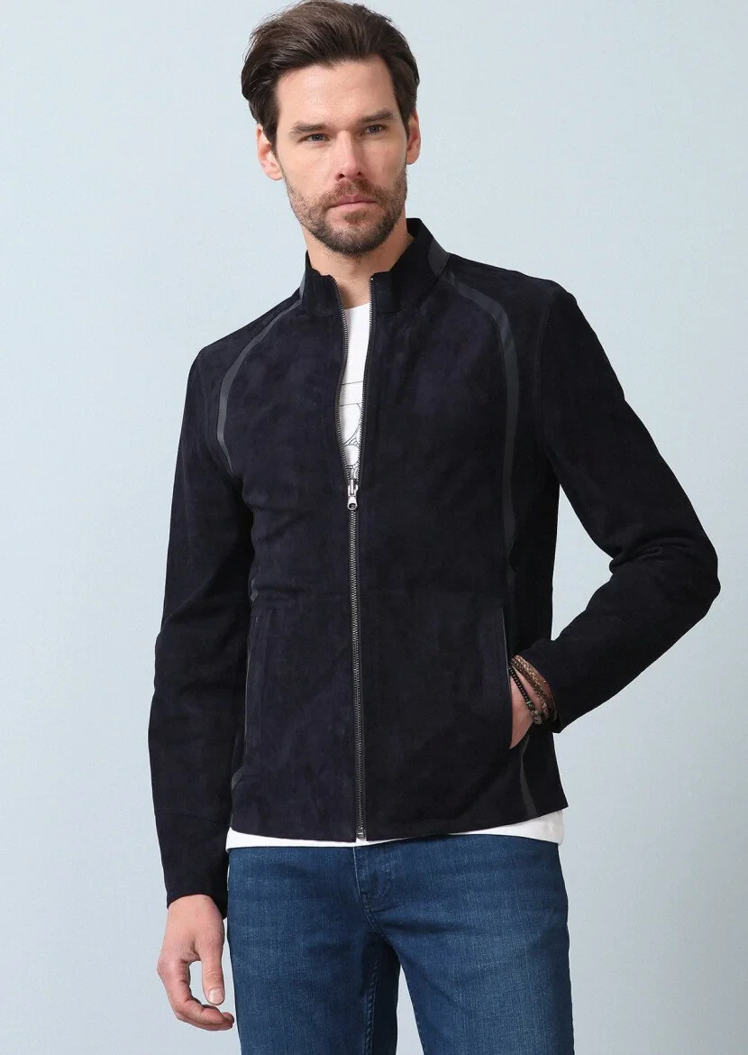 Navy Blue Leather Leather Coat - 3