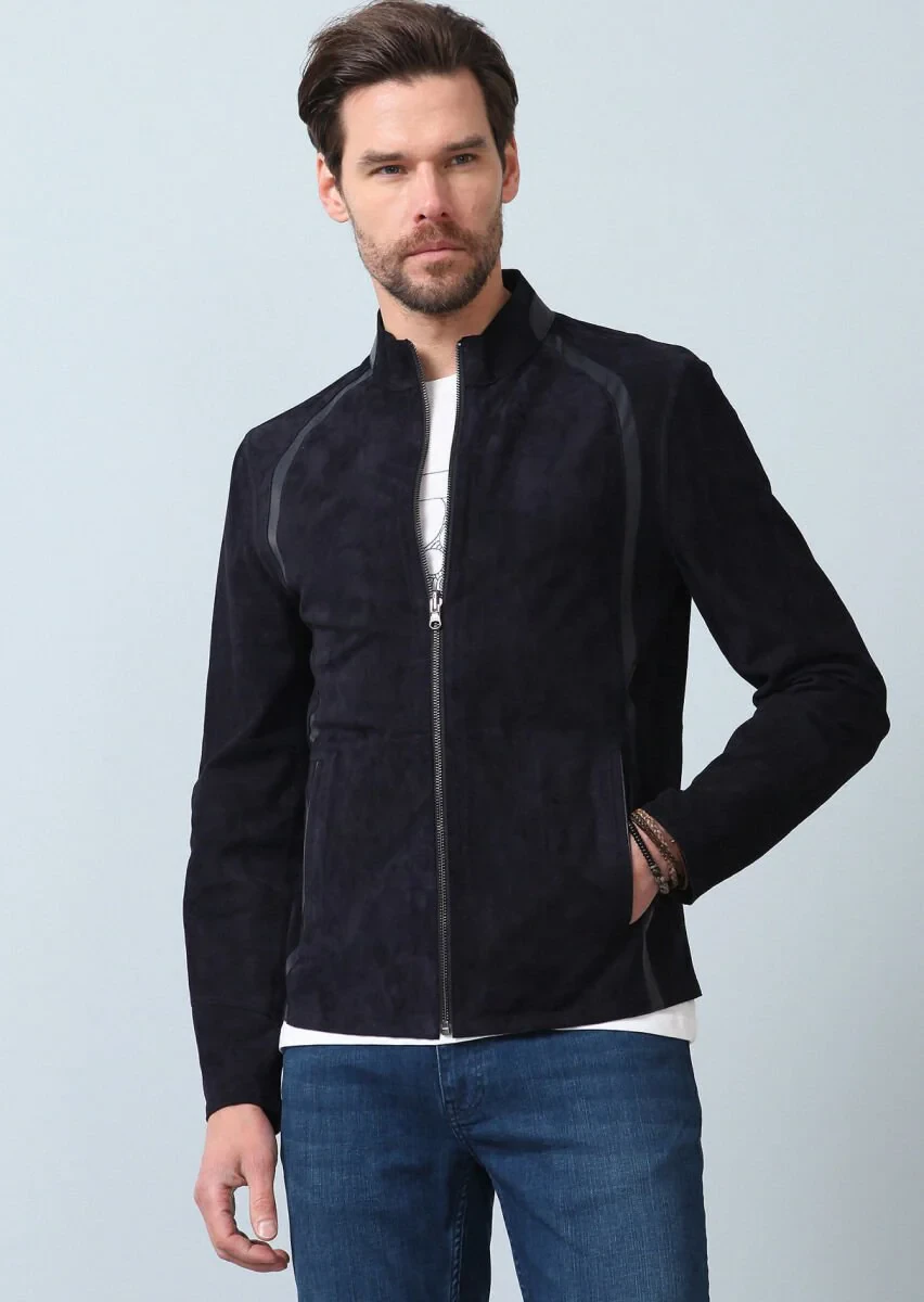 Navy Blue Leather Leather Coat - 3