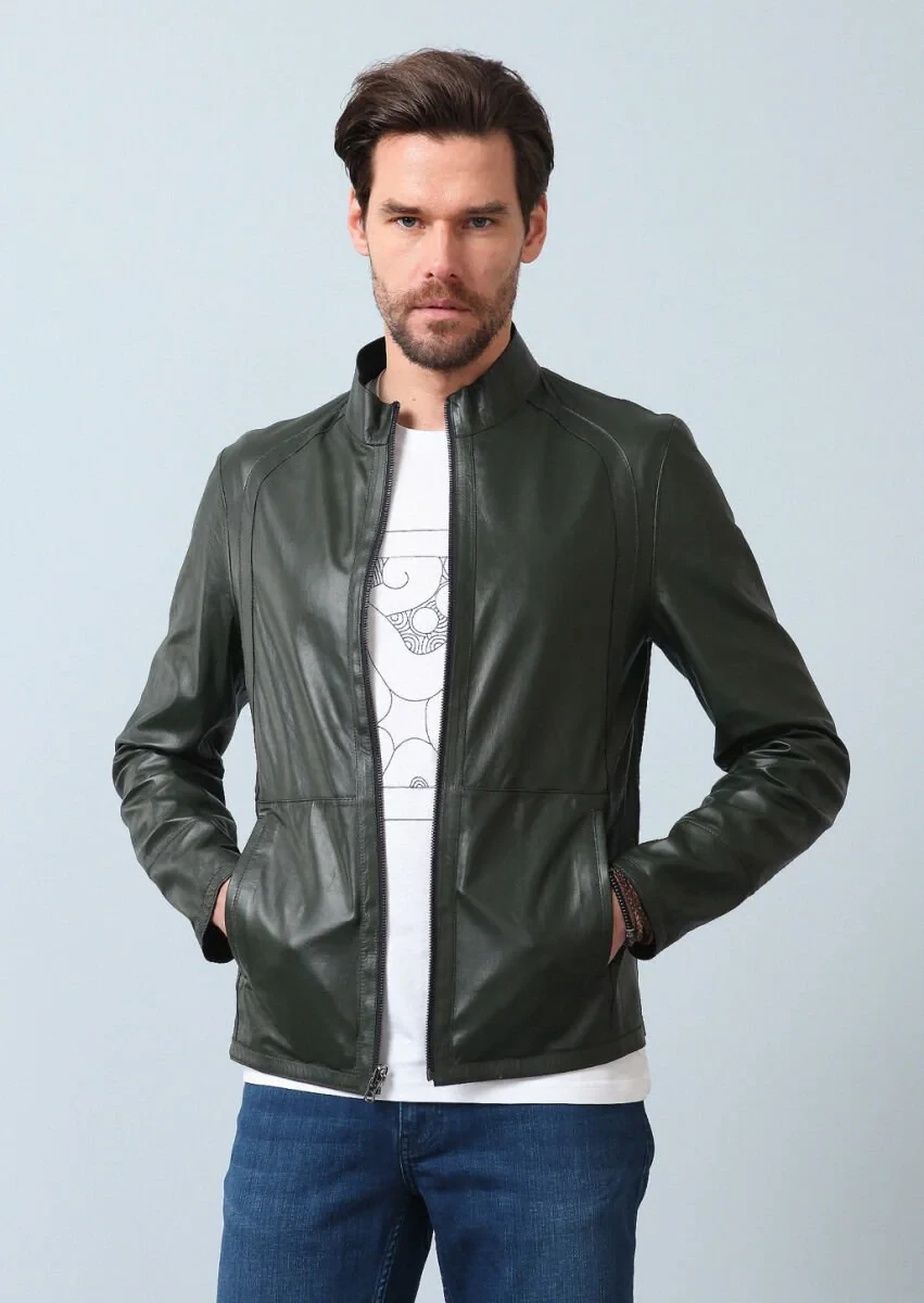 Navy Blue Leather Leather Coat - 4
