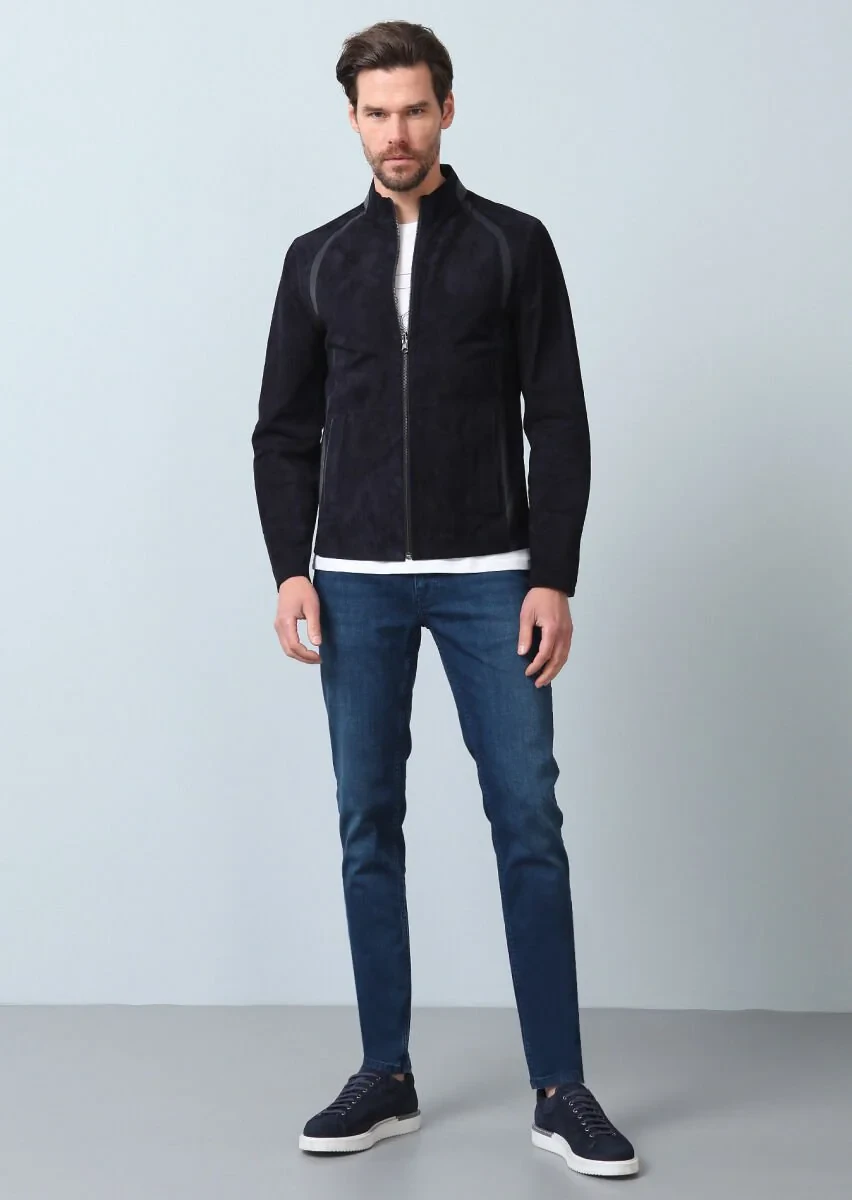 Navy Blue Leather Leather Coat - 5