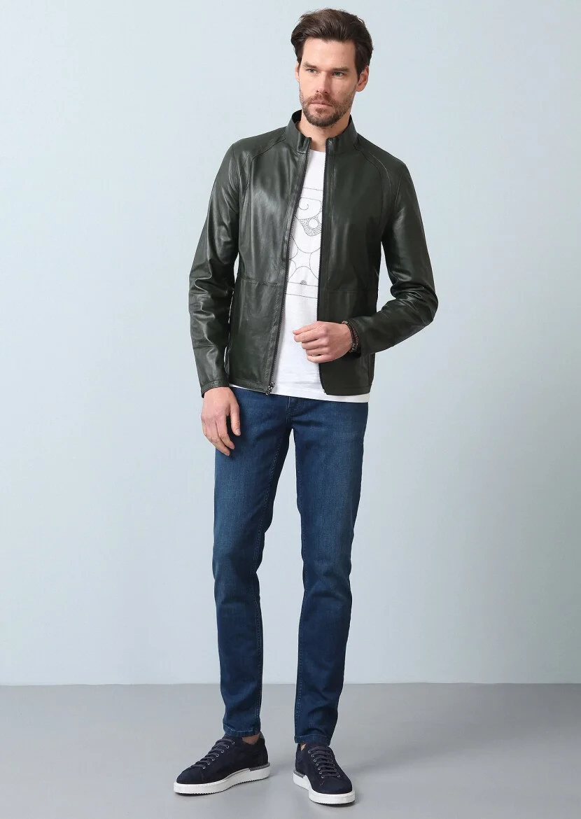 Navy Blue Leather Leather Coat - 6