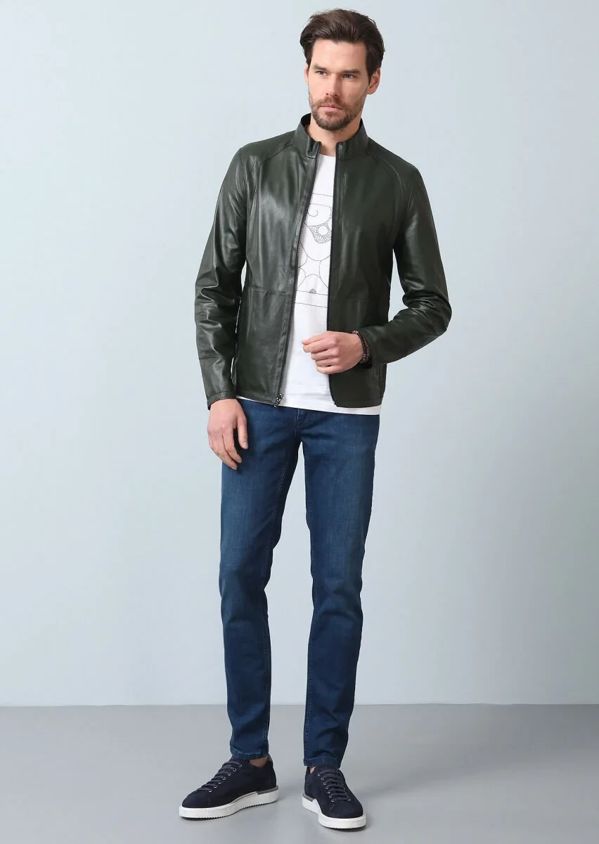 Navy Blue Leather Leather Coat - 6