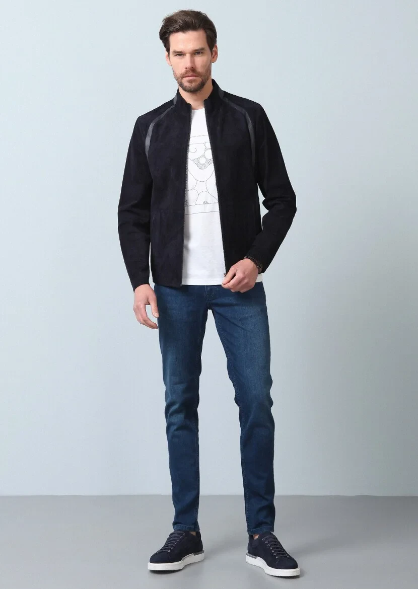 Navy Blue Leather Leather Coat - 10