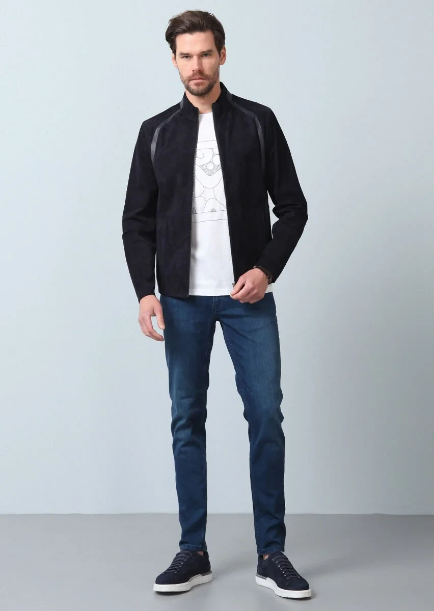 Navy Blue Leather Leather Coat - 10