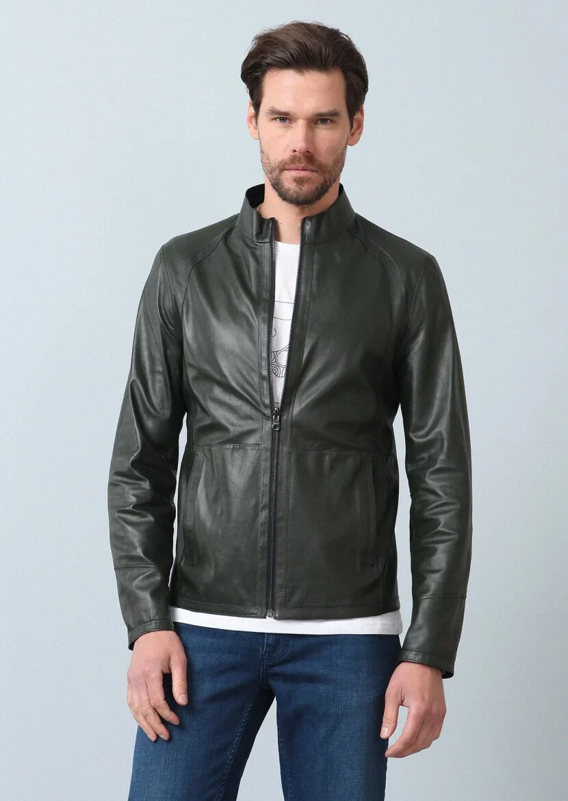 Navy Blue Leather Leather Coat - 11
