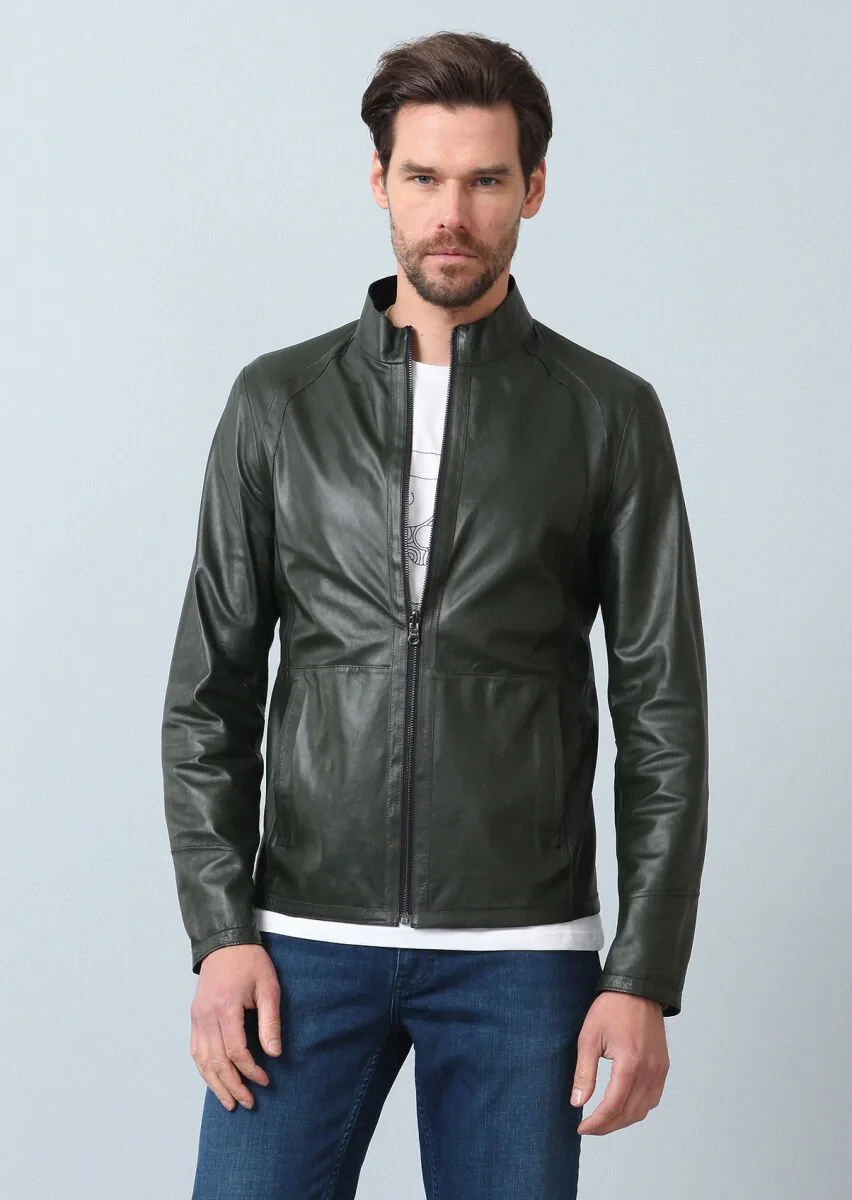 Navy Blue Leather Leather Coat - 11