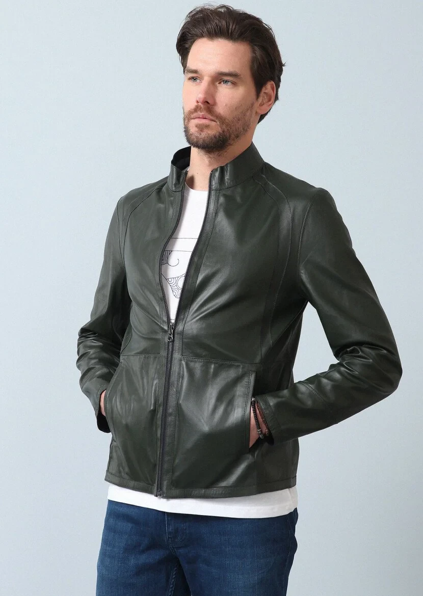 Navy Blue Leather Leather Coat - 12