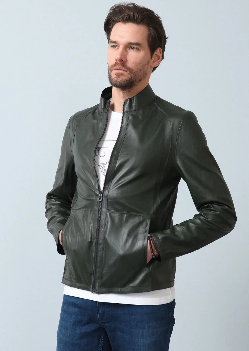 Navy Blue Leather Leather Coat - 12