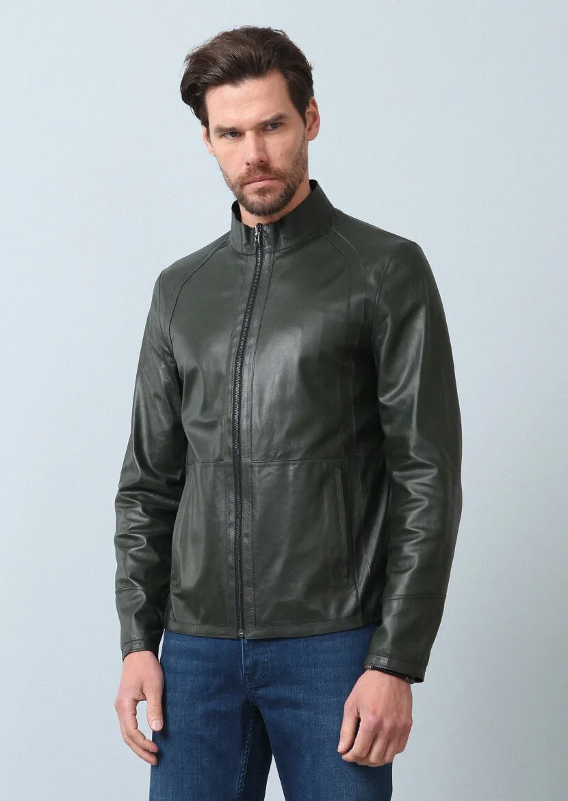 Navy Blue Leather Leather Coat - 13