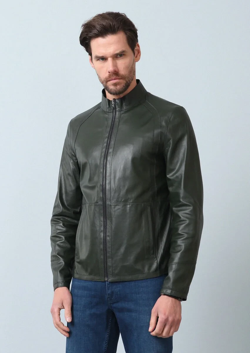 Navy Blue Leather Leather Coat - 13