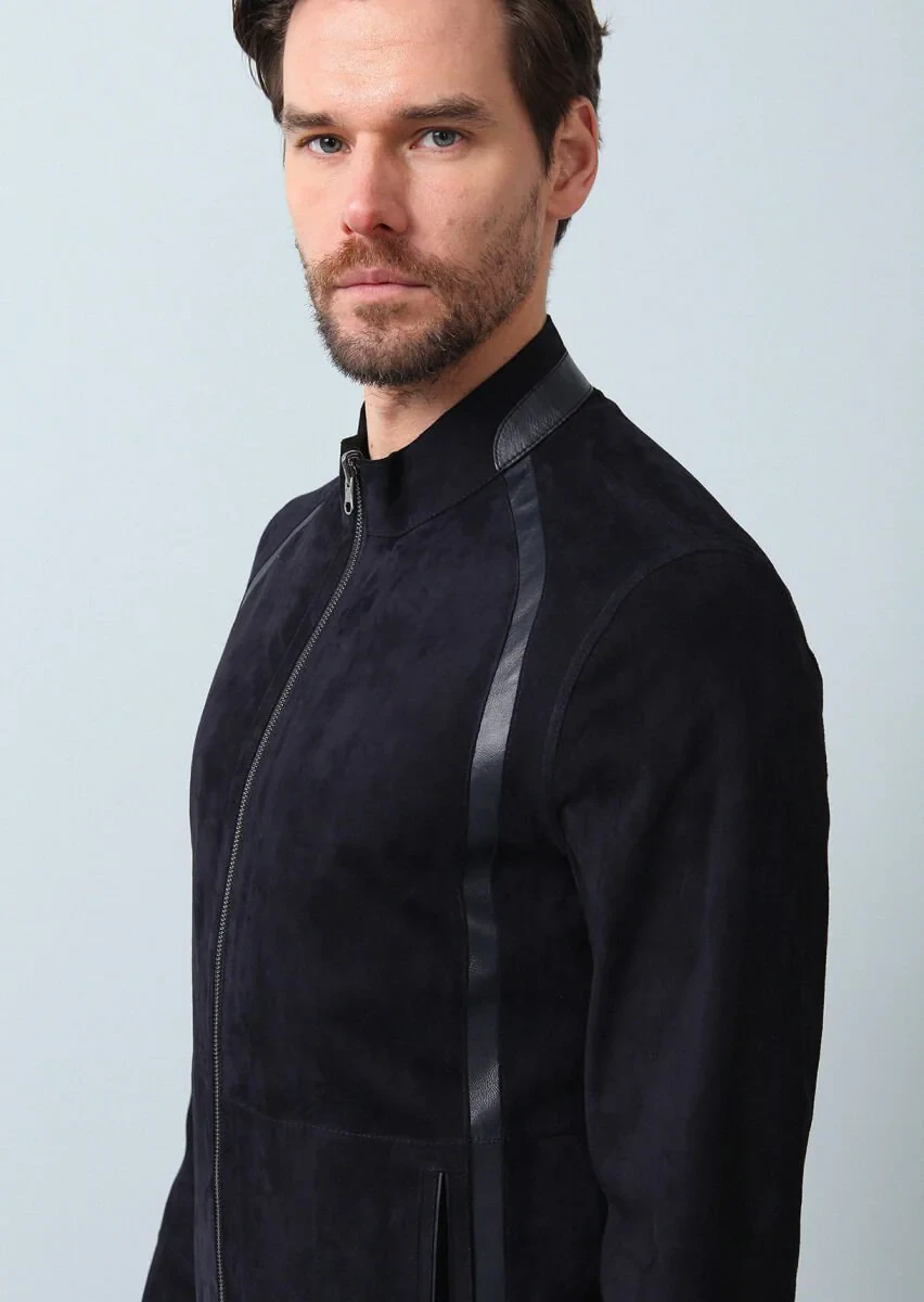Navy Blue Leather Leather Coat - 14