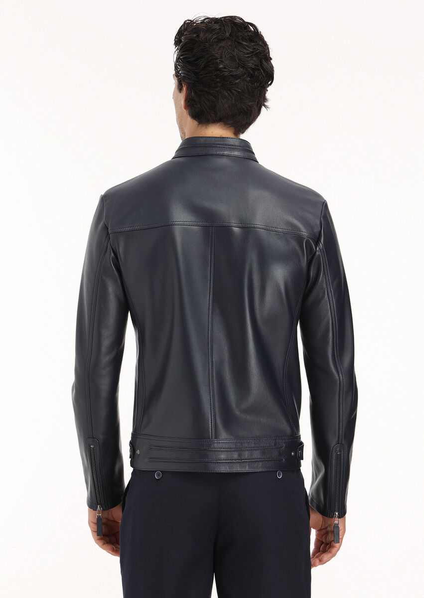 Navy Blue Leather Leather Coat - 6