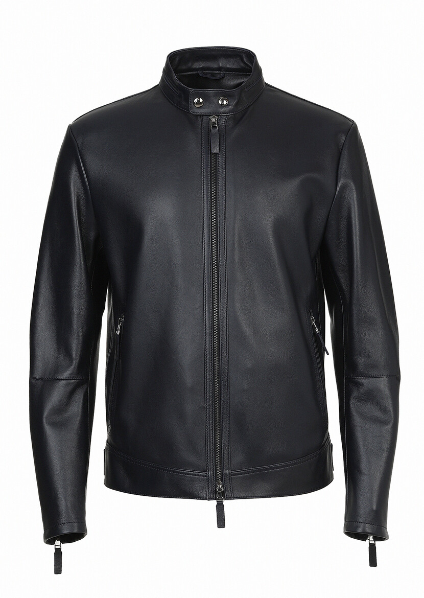 Navy Blue Leather Leather Coat - 7