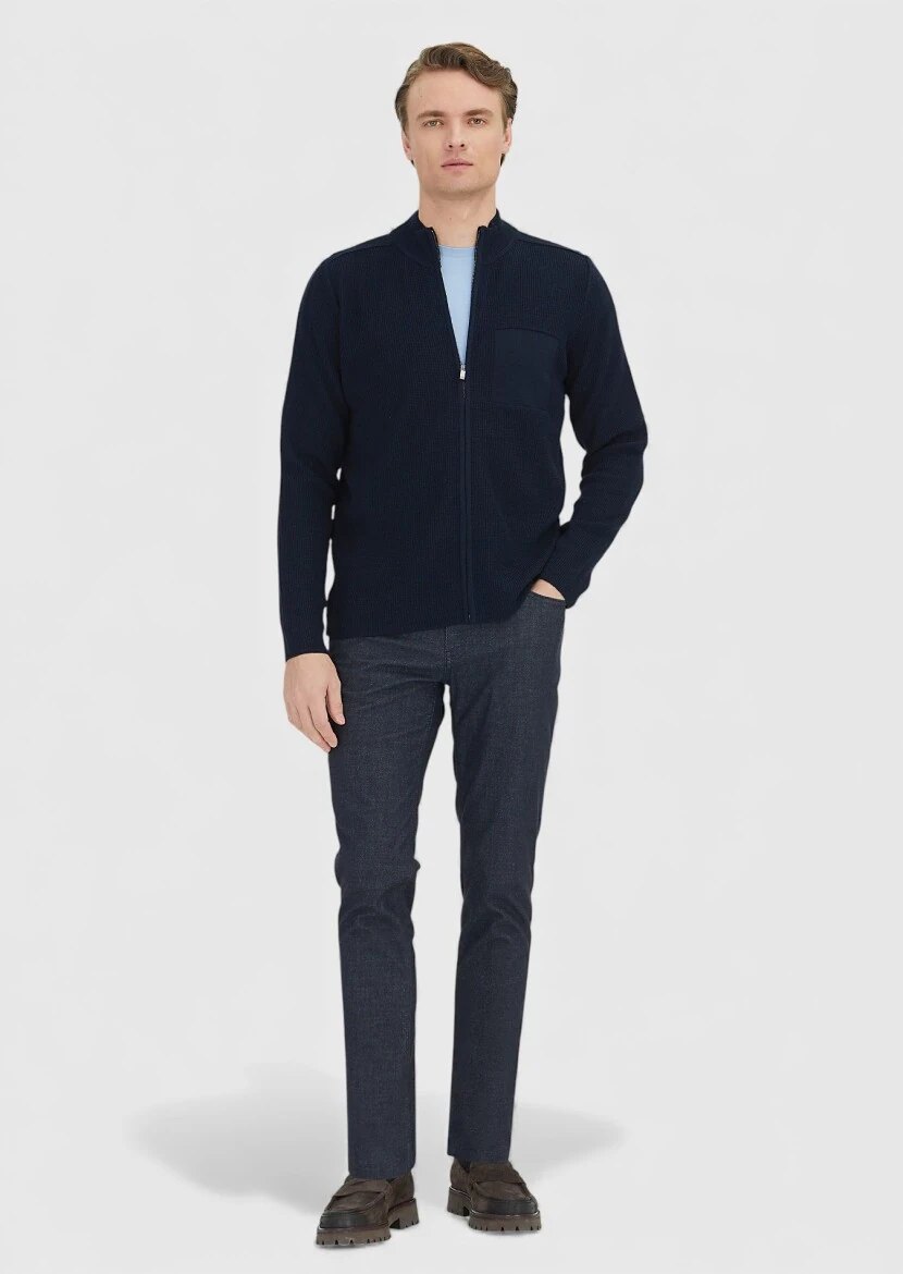 Navy Blue Mandarin Collar Brass Knit Wool Blended Cardigan - RAMSEY