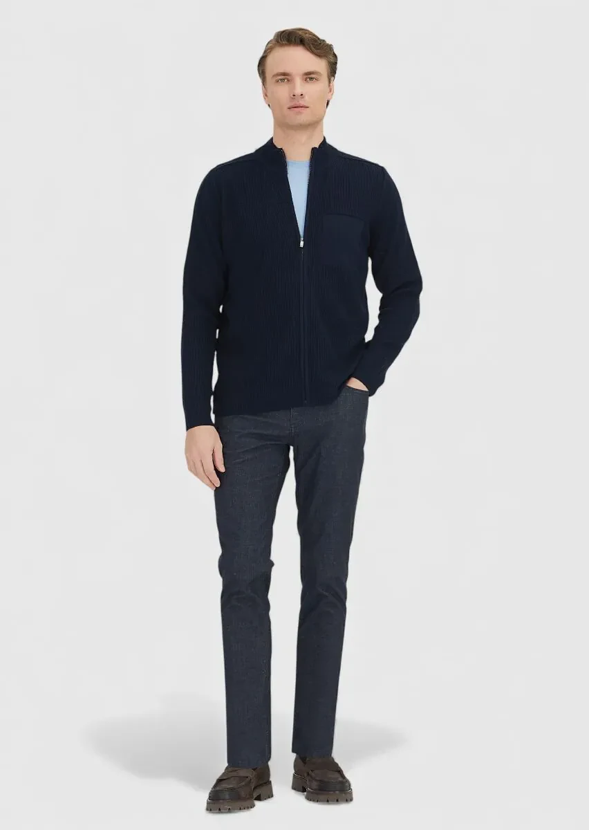 Navy Blue Mandarin Collar Brass Knit Wool Blended Cardigan - 2