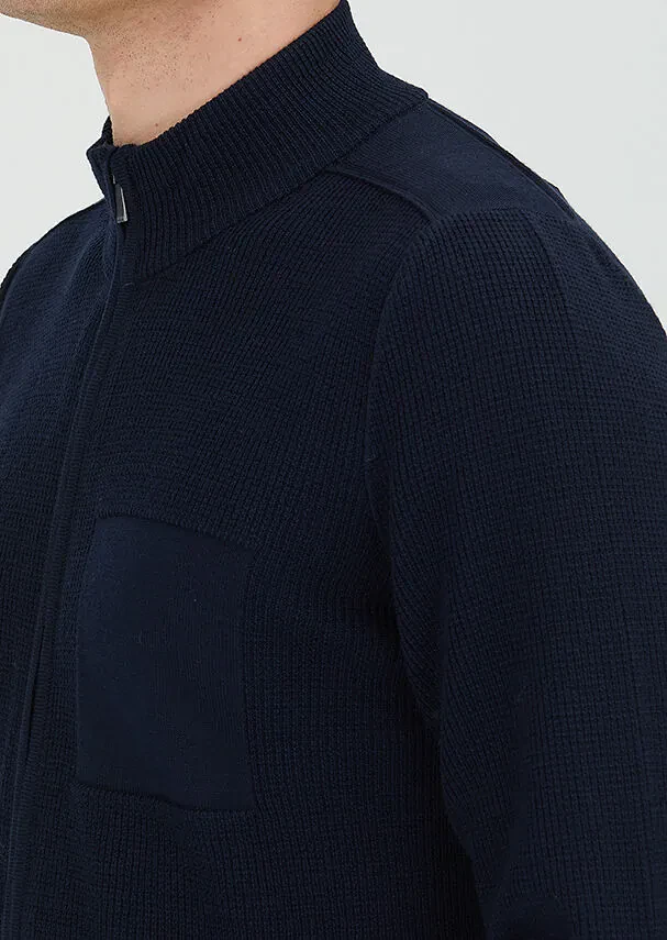 Navy Blue Mandarin Collar Brass Knit Wool Blended Cardigan - 3