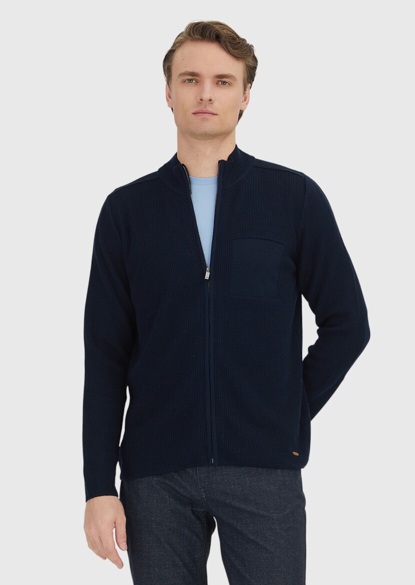 Navy Blue Mandarin Collar Brass Knit Wool Blended Cardigan - RAMSEY