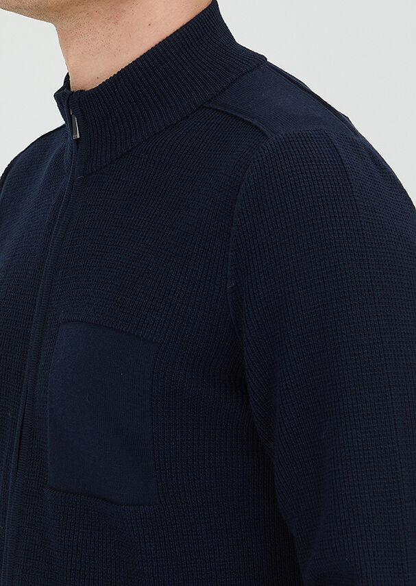 Navy Blue Mandarin Collar Brass Knit Wool Blended Cardigan - 3