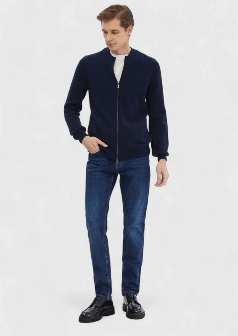 Navy Blue Mandarin Collar Plain Knitting 100% Wool Cardigan - RAMSEY
