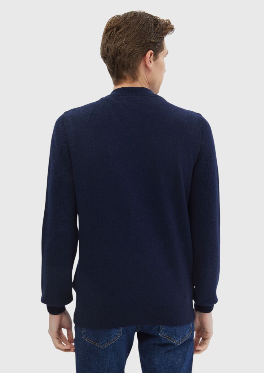 Navy Blue Mandarin Collar Plain Knitting 100% Wool Cardigan - 6