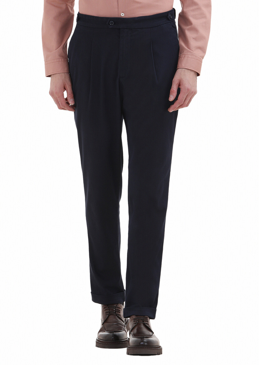 Navy Blue Material Carrot Fit Casual Cotton Blended Trousers - 2