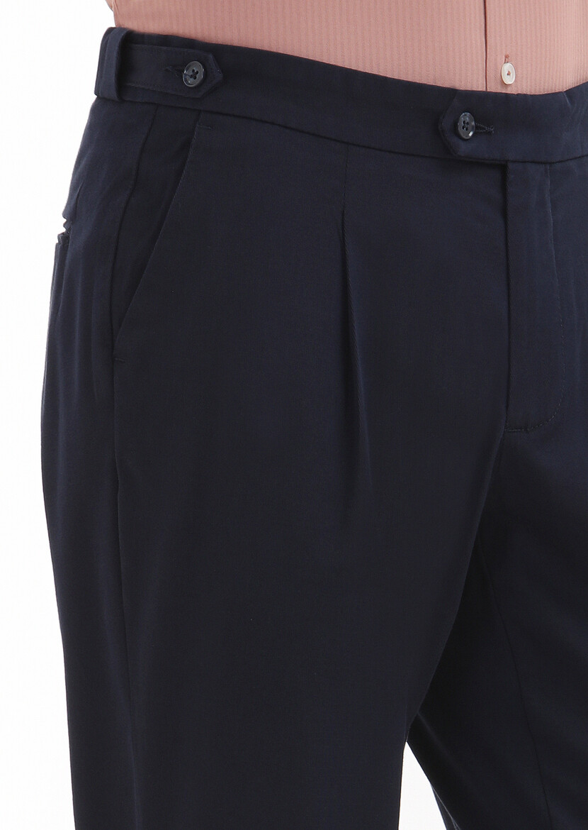 Navy Blue Material Carrot Fit Casual Cotton Blended Trousers - 3