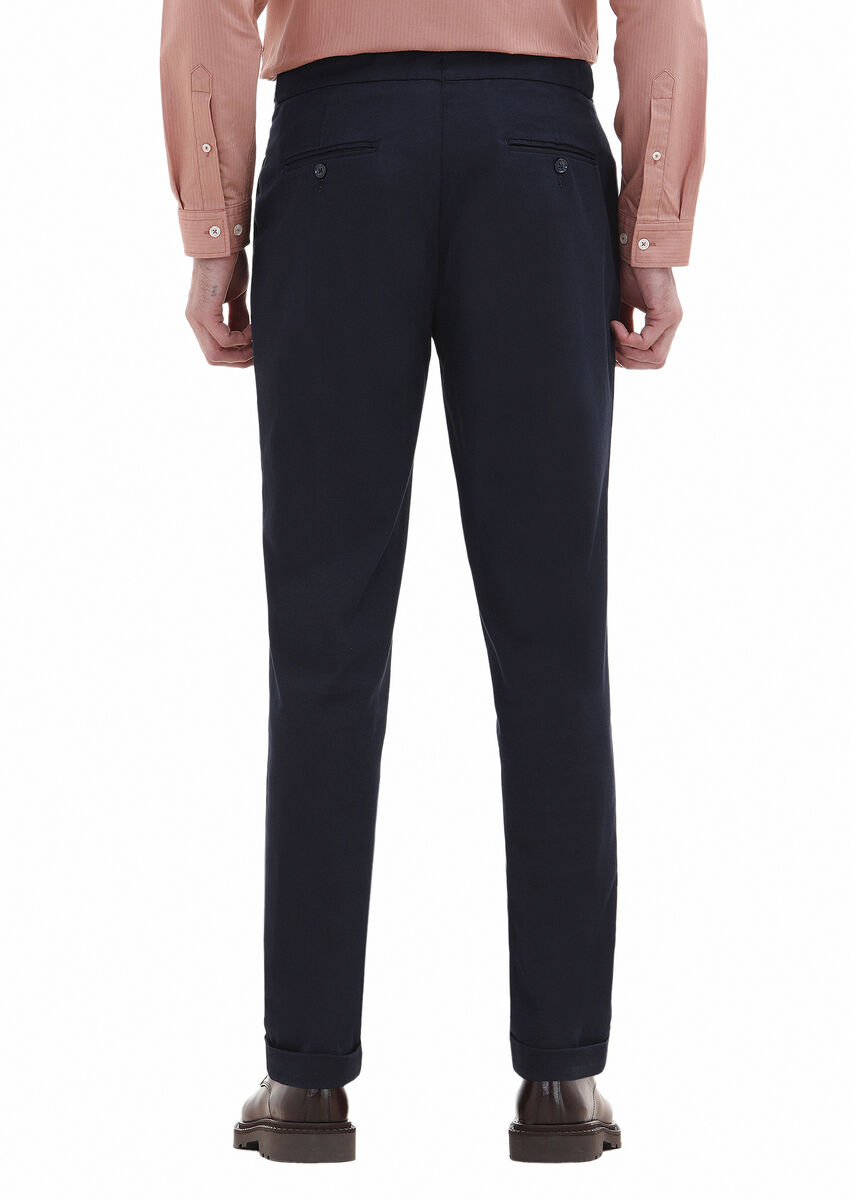 Navy Blue Material Carrot Fit Casual Cotton Blended Trousers - 4