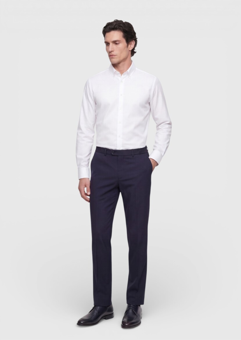 Navy Blue Material Comfort Fit Classical 100% Wool Trousers - RAMSEY