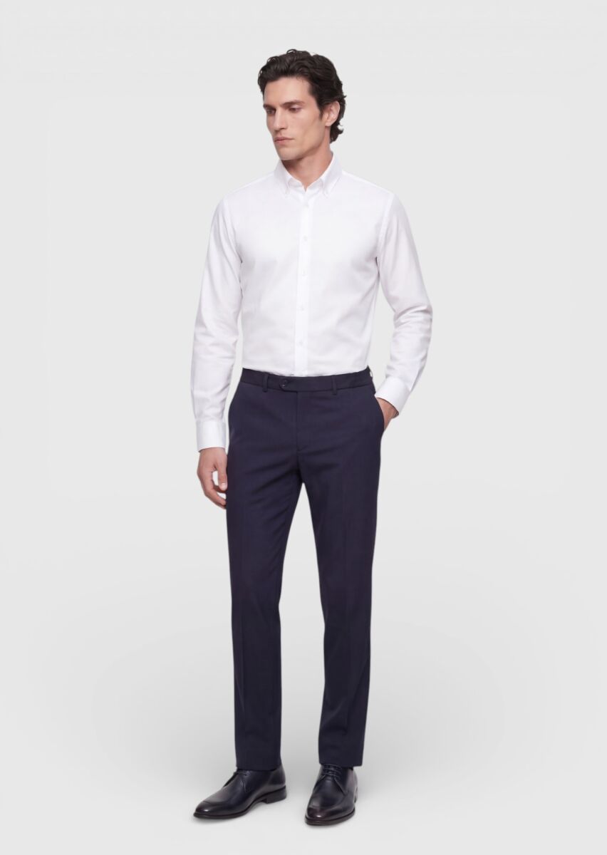 Navy Blue Material Comfort Fit Classical 100% Wool Trousers - 1
