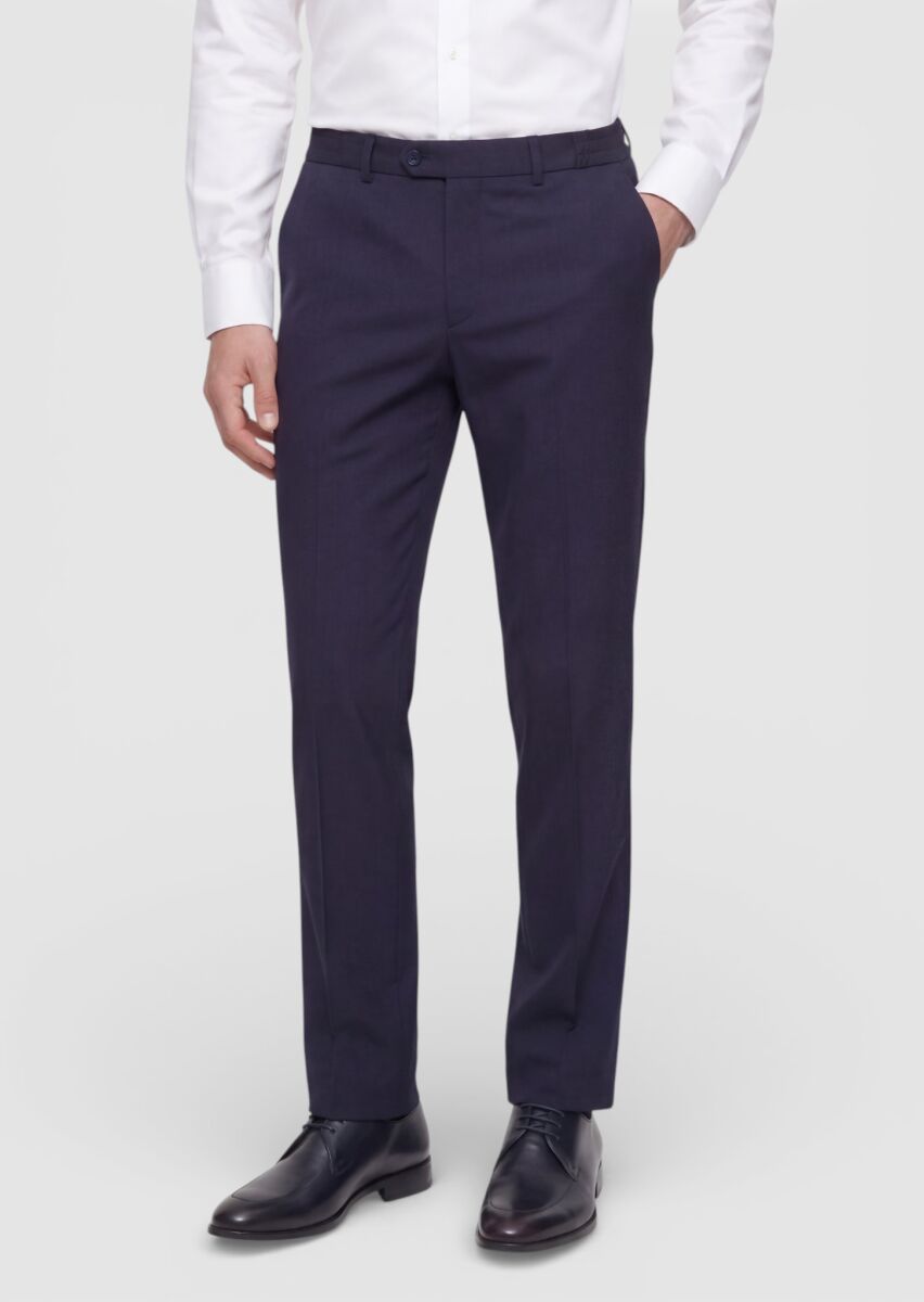 Navy Blue Material Comfort Fit Classical 100% Wool Trousers - 2