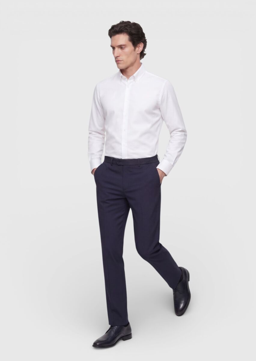 Navy Blue Material Comfort Fit Classical 100% Wool Trousers - 3
