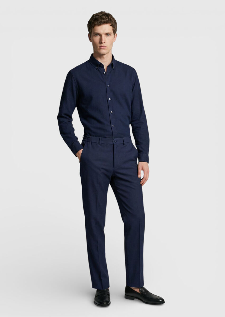 Navy Blue Material Comfort Fit Classical 100% Wool Trousers - 1