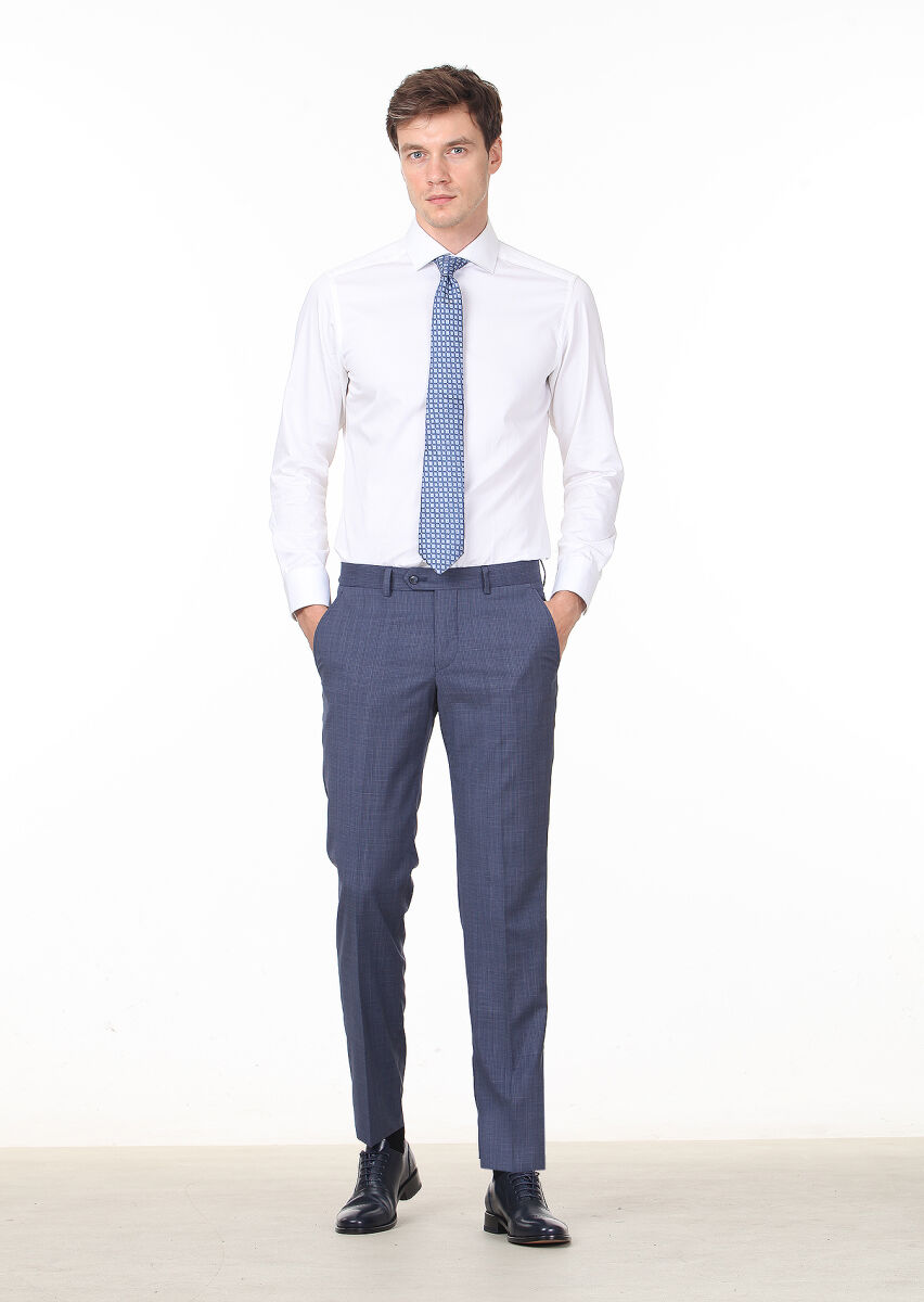 Navy Blue Material Modern Fit Classical 100% Wool Trousers - 1