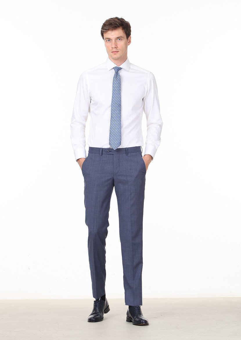 Navy Blue Material Modern Fit Classical 100% Wool Trousers - 1