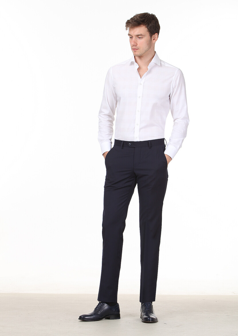 Navy Blue Material Modern Fit Classical 100% Wool Trousers 