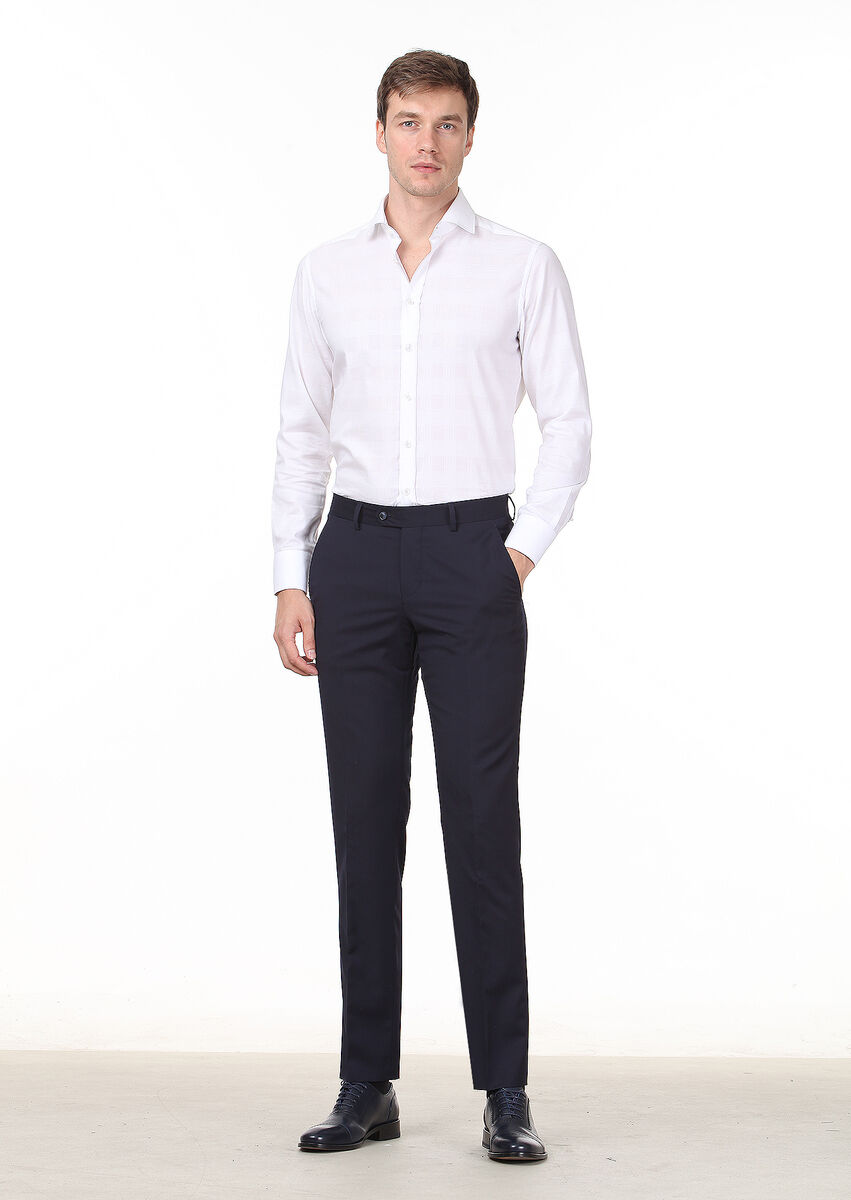 Navy Blue Material Modern Fit Classical 100% Wool Trousers - 2