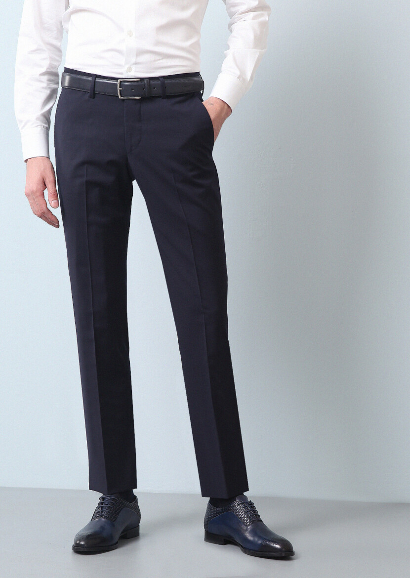 Navy Blue Material Modern Fit Classical 100% Wool Trousers 