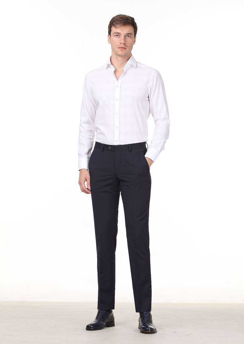 Navy Blue Material Modern Fit Classical 100% Wool Trousers 