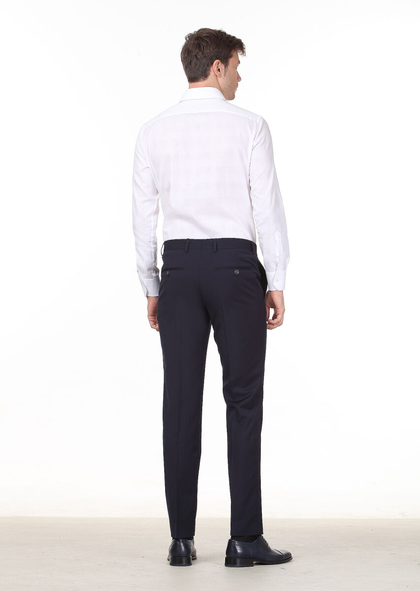 Navy Blue Material Modern Fit Classical 100% Wool Trousers - 4