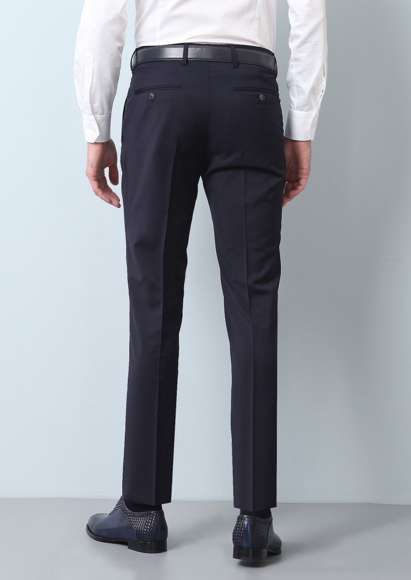 Navy Blue Material Modern Fit Classical 100% Wool Trousers - 5