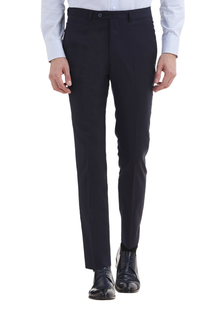 Navy Blue Material Modern Fit Classical 100% Wool Trousers - 2