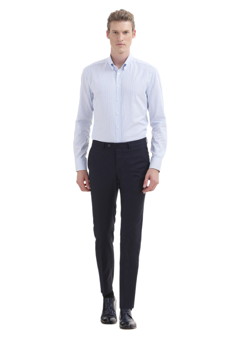 Navy Blue Material Modern Fit Classical 100% Wool Trousers 