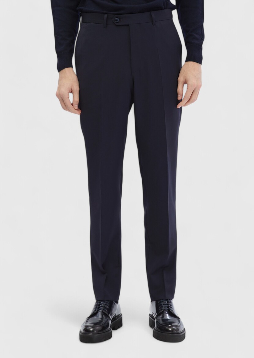 Navy Blue Material Modern Fit Classical 100% Wool Trousers - 2