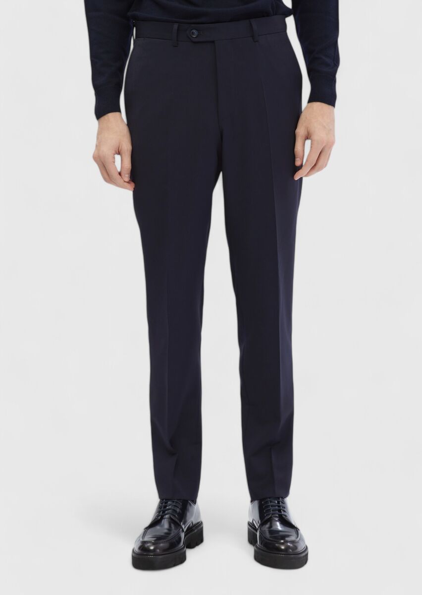 Navy Blue Material Modern Fit Classical 100% Wool Trousers - 1