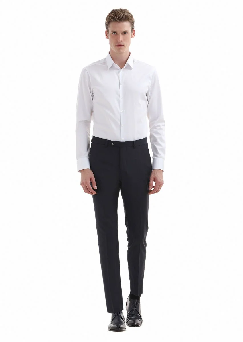 Navy Blue Material Modern Fit Classical Wool Blended Trousers - 1